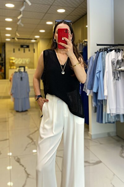 Vosse On Fashıon Siyah Fileli V Yaka Yanları Fermuarlı Süveter