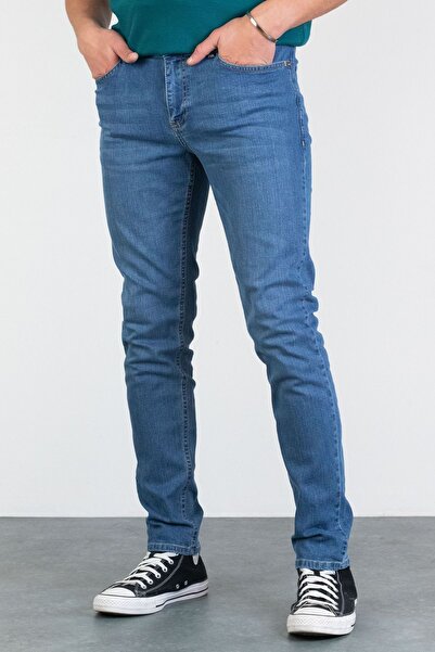 HALAT'S Erkek Brenden Açık Mavi Taşlamalı Slim Fit Likralı Jean Kot Pantolon