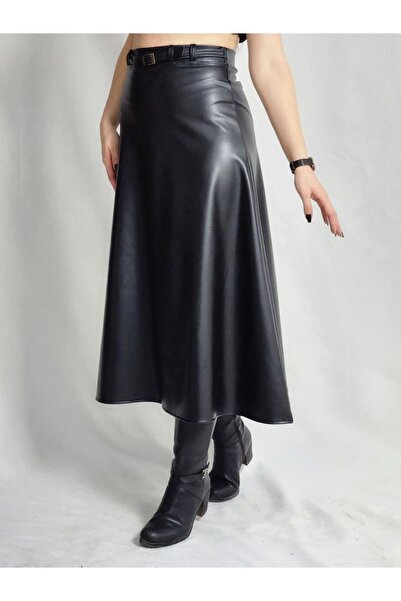 YAXİ Fusta din piele neagra - lungime midi, cu detaliu curea