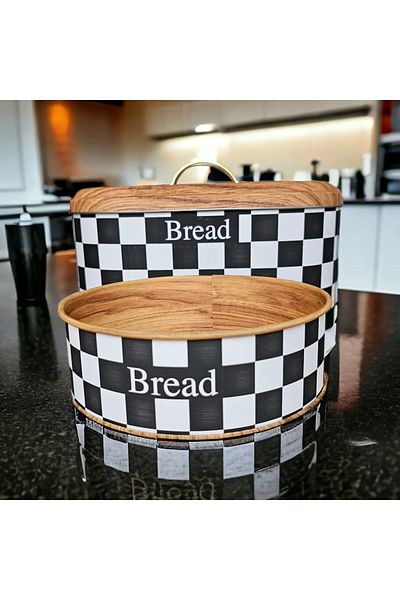 UCR HOME Checkerboard Patterned Metal Large Bread Bowl and Table Holder - Stylish and Decorative Set of 2