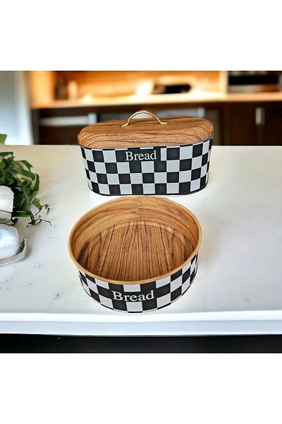 UCR HOME Checkerboard Patterned Metal Large Bread Bowl and Table Holder - Stylish and Decorative Set of 2