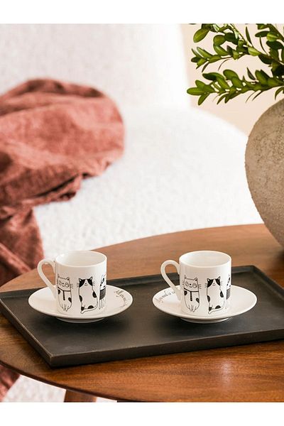 LC Waikiki Porcelain Cat Pattern 2-Person Coffee Cup Set 90 Ml