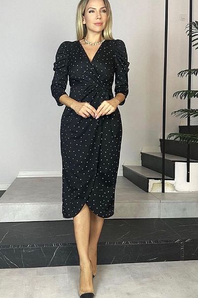 NKTCOLLECTİON Γυναικείο μαύρο πουά με διπλό στήθος πέτο Princess με μανίκια τριών τετάρτων Midi κομψό βραδινό φόρεμα επιστροφής στο σπίτι