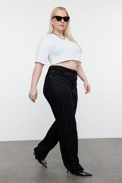 Trendyol Curve High Waist Black Stone Detailed Wide Leg Jeans - TBBSS24CJ00043