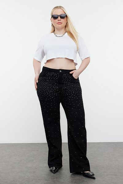 Trendyol Curve High Waist Black Stone Detailed Wide Leg Jeans - TBBSS24CJ00043