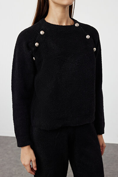 Trendyol Collection Black Boucle Yarn Textured Button Detailed Knitwear Bottom-Top Set Twoaw24Au00105