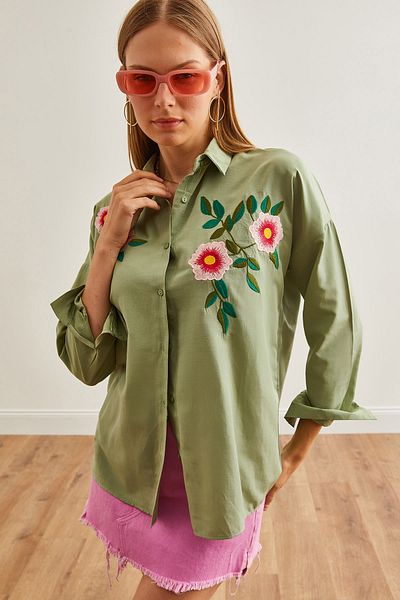 Olalook Azalea Mold Πράσινο Κεντημένο Γυναικείο Πουκάμισο Oversize - GML-19001228