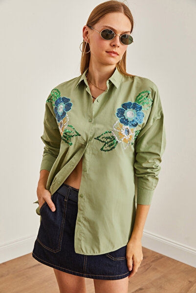 Olalook Green Floral Patterned Palm Shirt - Sequin Detailed, Woven GML-19001225