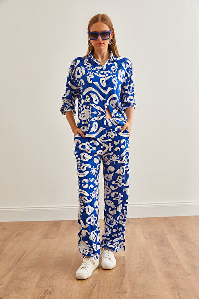 Olalook Сині брюки Saks Palazzo і комплект Ust Сорочка з тканого полотна з кишенями TKM19000298