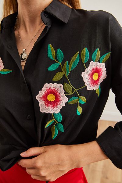 Olalook Azalea Schwarzes besticktes Oversize-Hemd - GML-19001228