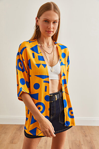 Olalook Yellow Blue Geometric Viscose Kimono - KMN-00000066