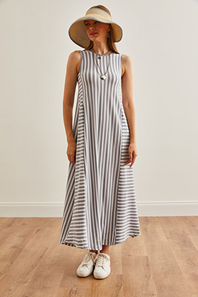 Olalook Szürke csíkos bő női ruha - hosszú ELB-19001075