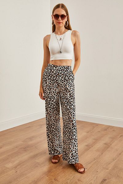 Olalook Leopard Patterned Ecru Palazzo Trousers - Pockets and Elastic Back PNT-19000286
