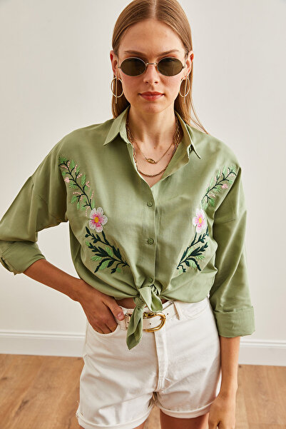 Olalook Mold Green Embroidered Oversize Women's Shirt - GML-19001228