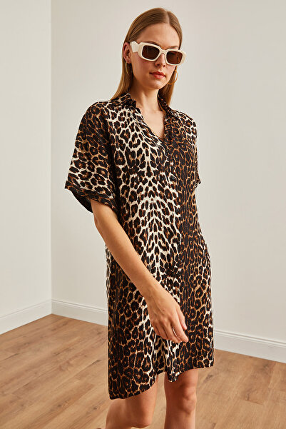 Olalook Leopard Print Black Viscose Mini Shirt Dress - ELB-19002223
