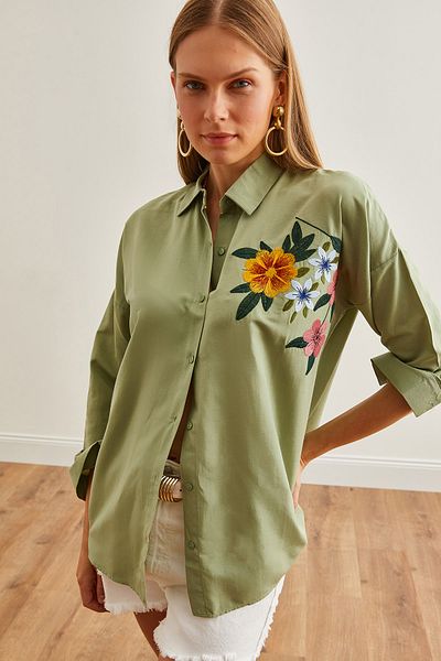 Olalook Γυναικείο πουκάμισο Oversize με πράσινο κεντημένο λουλούδι - GML-19001228