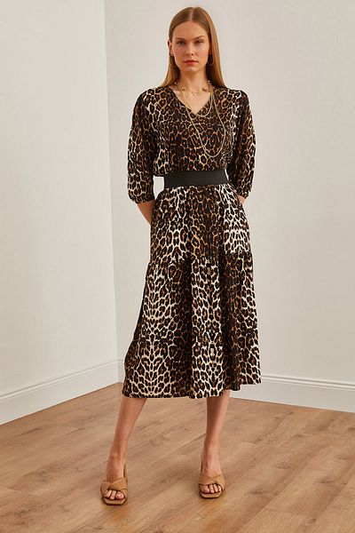 Olalook Black Leopard Viscose Midi Dress - V-Neck and Elastic Waist ELB-19002222