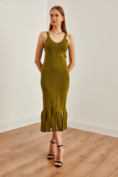 Olalook Kadın Haki Askılı Püsküllü Triko Elbise ELB-19002216