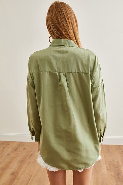 Olalook Γυναικείο πουκάμισο Oversize με πράσινο κεντημένο λουλούδι - GML-19001228
