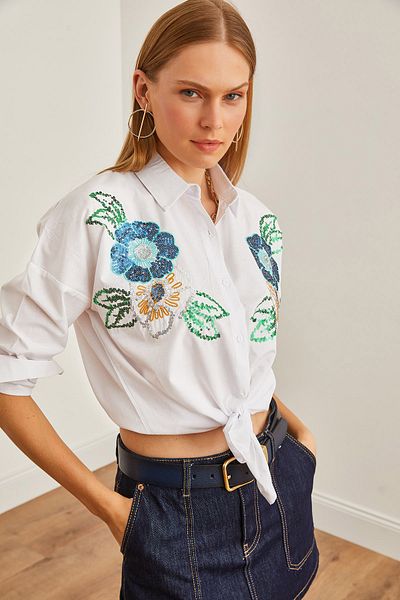 Olalook Weißes Damenhemd mit Blumenmuster - Palmen-Paillettendetail, gewebt, GML-19001225