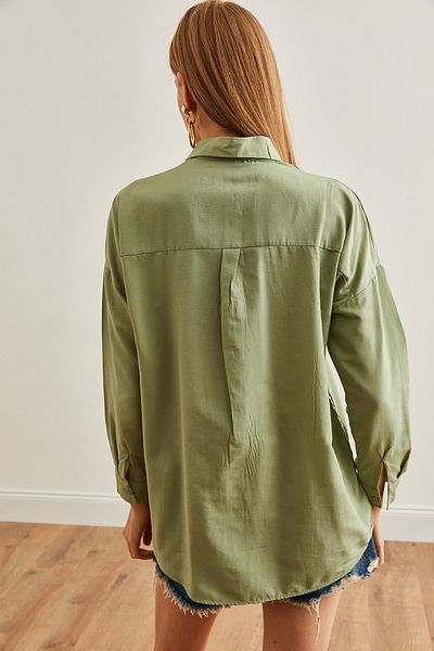 Olalook Γυναικείο πουκάμισο Oversize Πράσινο Κεντημένο Φύλλο Φύλλων - GML-19001228