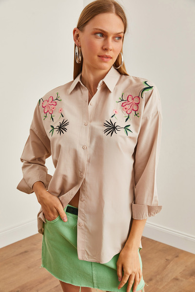 Olalook Γυναικείο πουκάμισο Oversize από Lilyum Stone Embroidered - GML-19001228
