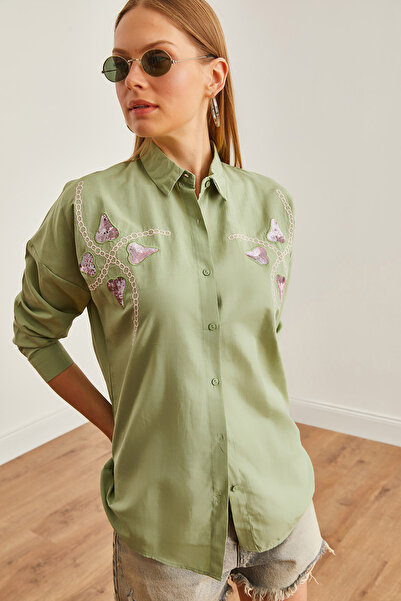 Olalook Green Palm Sequin Detailed Heart Mold Women's Shirt - GML-19001225
