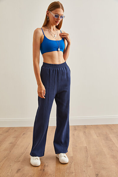 Olalook Kadın Lacivert Beli Lastikli Cepli Müslin Pantolon PNT-19000279