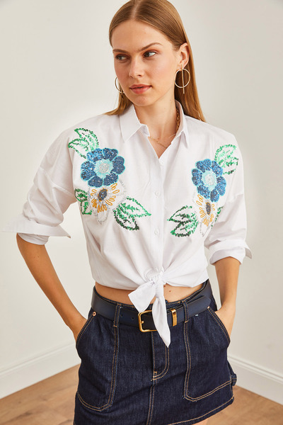 Olalook Γυναικείο πουκάμισο με μοτίβο σε λευκό λουλούδι - Λεπτομέρεια από παγιέτα παλάμης, υφαντό, GML-19001225