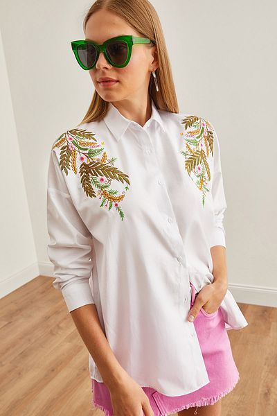 Olalook Leaf White vyšívaná oversize dámská košile - GML-19001228