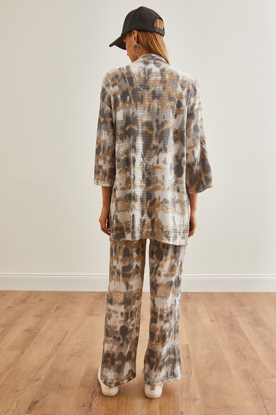 Olalook Ecru Smoked Women's Kimono and Palazzo Trousers Set - TKM-19000297