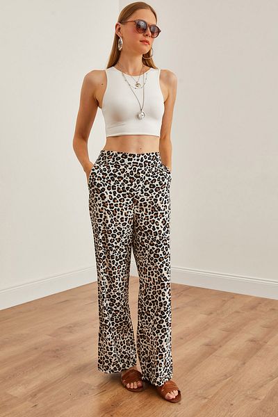 Olalook Leopard Patterned Ecru Palazzo Trousers - Pockets and Elastic Back PNT-19000286