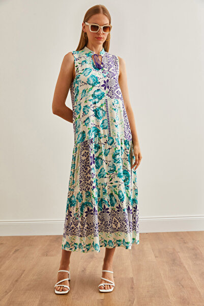 Olalook Εκρού Μπλε Μαξι Φόρεμα με ψηλό γιακά - Λεπτομέρεια δαντέλας, υφαντό, ELB-19002217