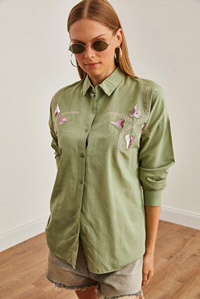 Olalook Green Palm Sequin Detailed Heart Mold Women's Shirt - GML-19001225