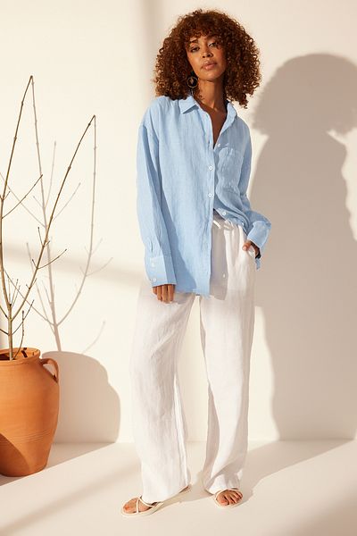 Trendyol Collection Modrá 100% lněná oversize košile TWOSS23GO00443
