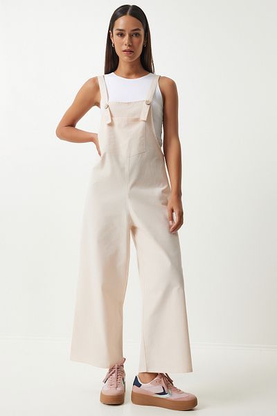 Happiness İstanbul Cremefarbener Sommer-Jumpsuit aus dünnem Gabardine mit Trägern - KY00011