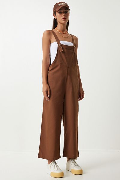 Happiness İstanbul Brown Thin Gabardine Summer Jumpsuit - KY00011