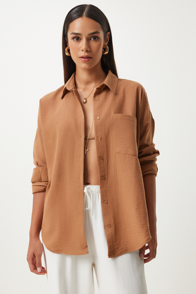 Happiness İstanbul Tan Linen Oversize košile Ayrobin - Dámská DD01222