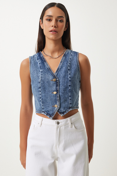 Happiness İstanbul Tmavě modrá dámská vesta Crop Denim s výstřihem do V - DP00204