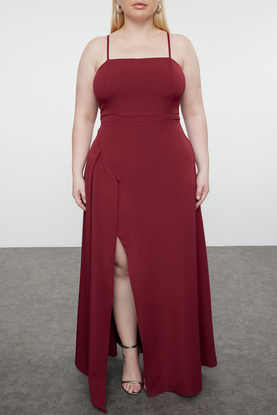 Trendyol Curve Long Plum Woven Evening Dress with Straps and Slit, Plus Size, Evening/Graduation/Engagement Dress TBBSS22AD00001