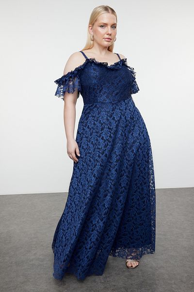 Trendyol Curve Rochie de seară lungă cu volană, albastru bleumarin - rochie de absolvire/de logodnă/ de seară TBBAW23AH00187