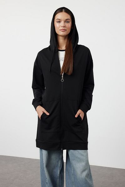 Trendyol Modest Schwarzer Basic-Sweatshirt-Cardigan mit Kapuze und Reißverschluss, weiter Passform, Oversize-Sweatshirt TCTAW22TW0137