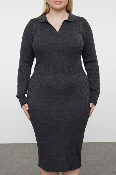Trendyol Curve Tricotaj cu snur Rochie cu guler polo - Antracit TBBAW23AH00002