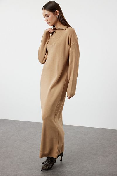 Trendyol Modest Άνετο πλεκτό φόρεμα Camel με φερμουάρ - TCTAW25EB00013