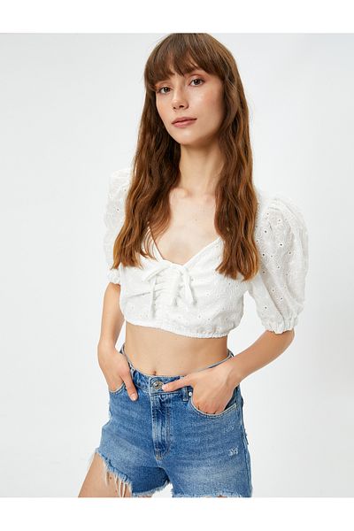 Koton Scallop Bustier V Λαιμόκοψη Μπαλόνι μανίκια Σταυρός Δεμένα Νυφικό