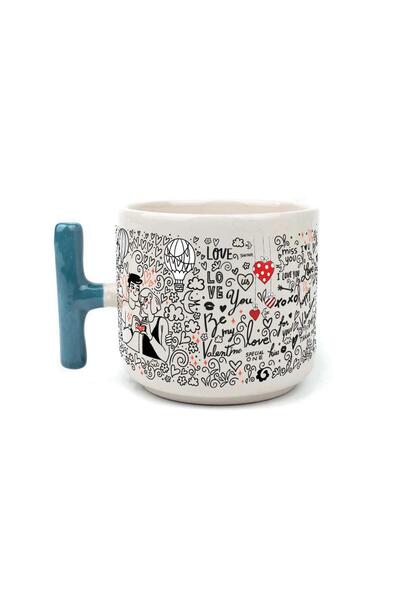 Kırtasiye Ofisi Love Themed T Valentine's Cup with Blue Handles