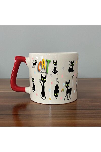 Kırtasiye Ofisi كوب على شكل حرف D بمقبض أحمر مطبوع عليه "Cat Love
