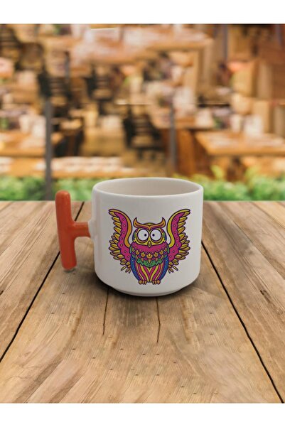 Kırtasiye Ofisi Latte Fincanı Uçan Baykuş Baskılı Turuncu Kulplu T Kupa