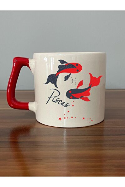 Kırtasiye Ofisi كوب على شكل حرف D مطبوع عليه رمز برج الحوت بمقبض أحمر