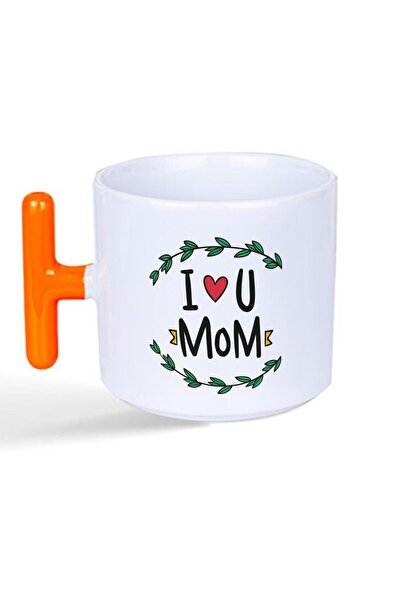 Kırtasiye Ofisi كوب تي شيرت مطبوع عليه عبارة "I Love You Mom" بمقبض برتقالي